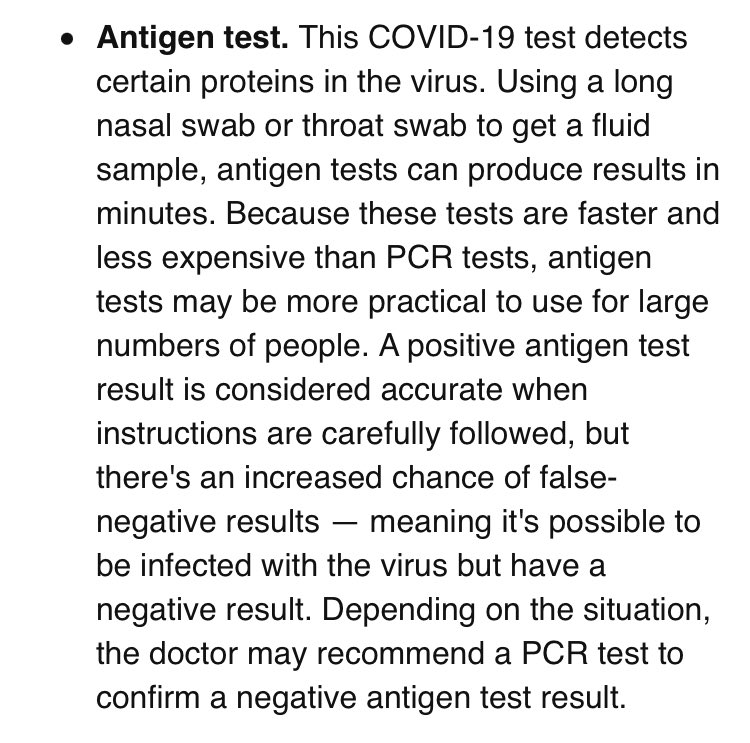 AstroKatie's tweet photo. FYI, rapid antigen tests are much less accurate than PCR tests and are especially known to have a high rate of false negatives, due to lower sensitivity. From @MayoClinic: https://t.co/LuOpHhuNFm https://t.co/vKH6TdnLUh