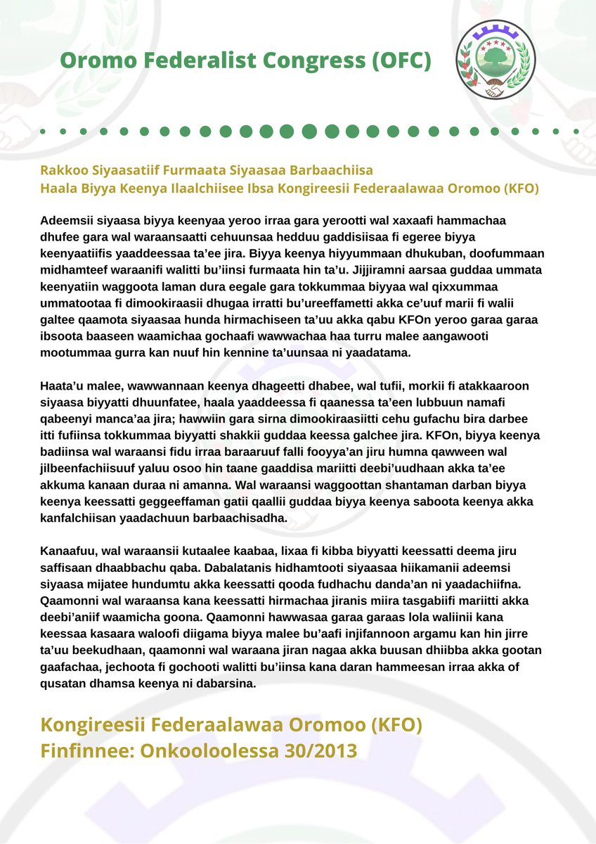 OromoFederalist's tweet photo. Rakkoo Siyaasatiif Furmaata Siyaasaa Barbaachiisa
Haala Biyya Keenya Ilaalchiisee Ibsa Kongireesii Federaalawaa Oromoo (KFO) https://t.co/DSls4fCeWY