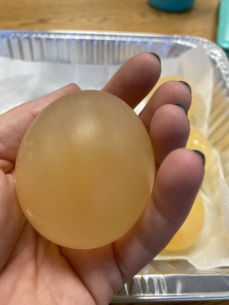 ClassPaparella's tweet photo. After two weeks of sitting in vinegar and tonic water our eggs 🥚 🥚 are ready!!!  The shells have evaporated and now the eggs glow in a black light! #sciencerules The eggs feel like bouncy ball!!! #scienceforthewin https://t.co/xwIhE3WhN7