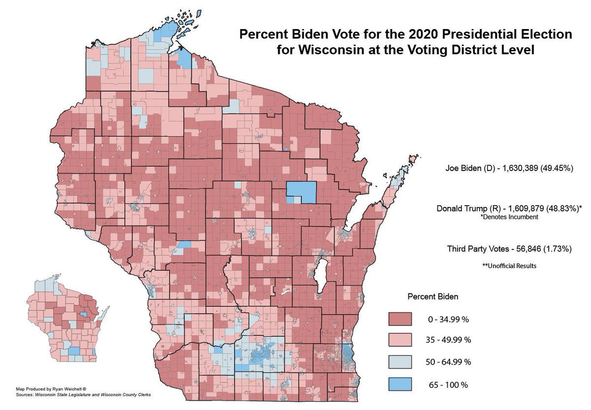 TheElectorateWI's tweet photo. As reported earlier, the 2020 WI election was not that much different from previous elections.  Yet, the rural/urban divide is more pronounced than ever. #AmericaVotes2020 #Wisconsin2020 #Wisconsin #ElectionTwitter #Geography https://t.co/5j4CqtJhxH