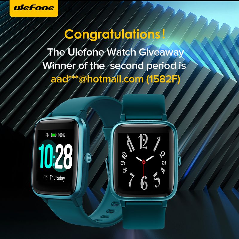 UlefoneMobile's tweet photo. Congratulations! The Ulefone Watch Giveaway Winner of the second period is aad***@hotmail.com (1582F)
A total of 5 Ulefone Watch will be offered in the event!
Next winner will be announced Nov.16, hurry up
>>>https://t.co/KqDoTTvsmz #Ulefonewatch https://t.co/JRqNW1RNTY
