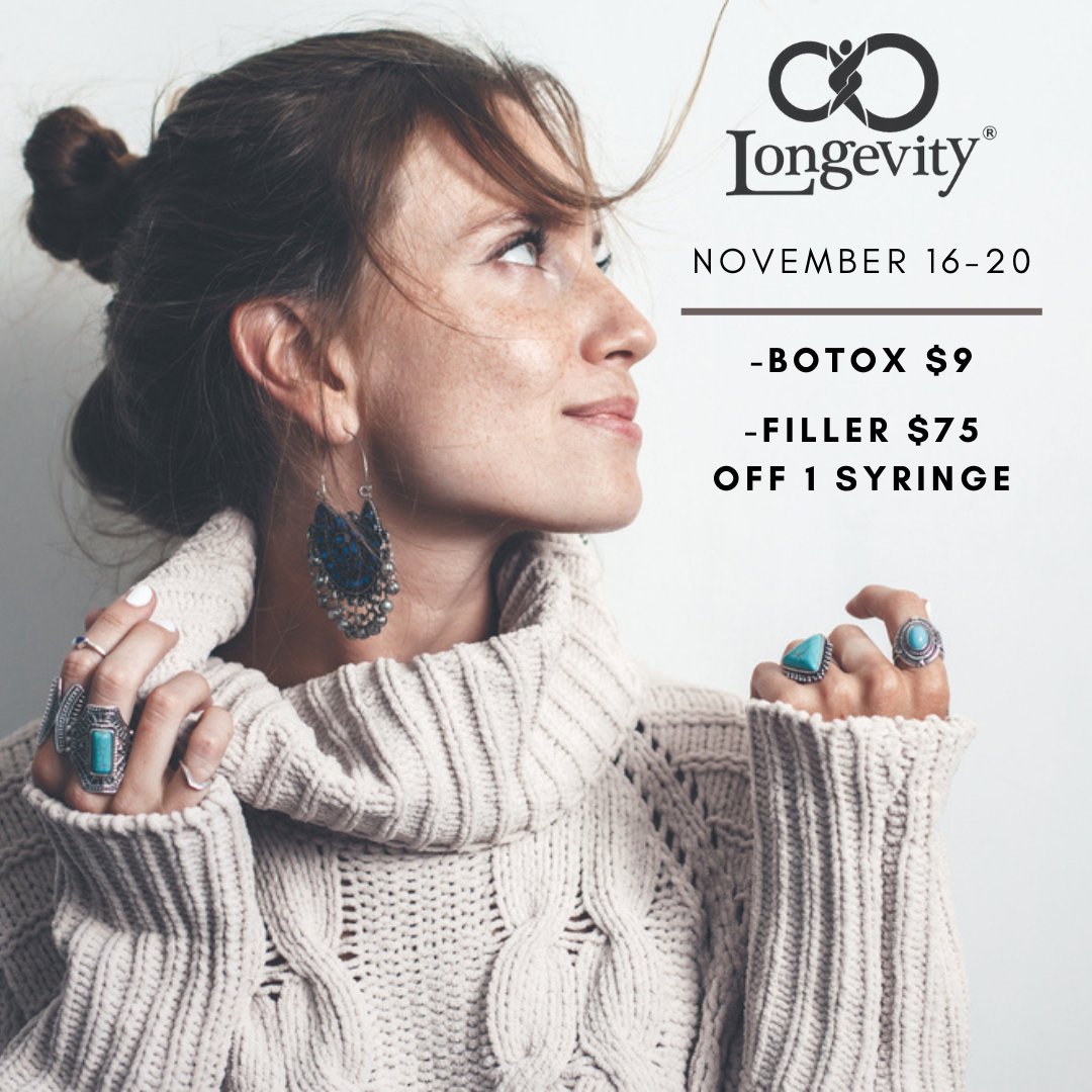 longevityok's tweet photo. These November specials just keep getting hotter! Next week, November 16-20, we will have Botox for $9 a unit, and filler for $75 off 1 syringe! 

These WILL sell out fast, so mark your calendars! https://t.co/YMn6g332OC