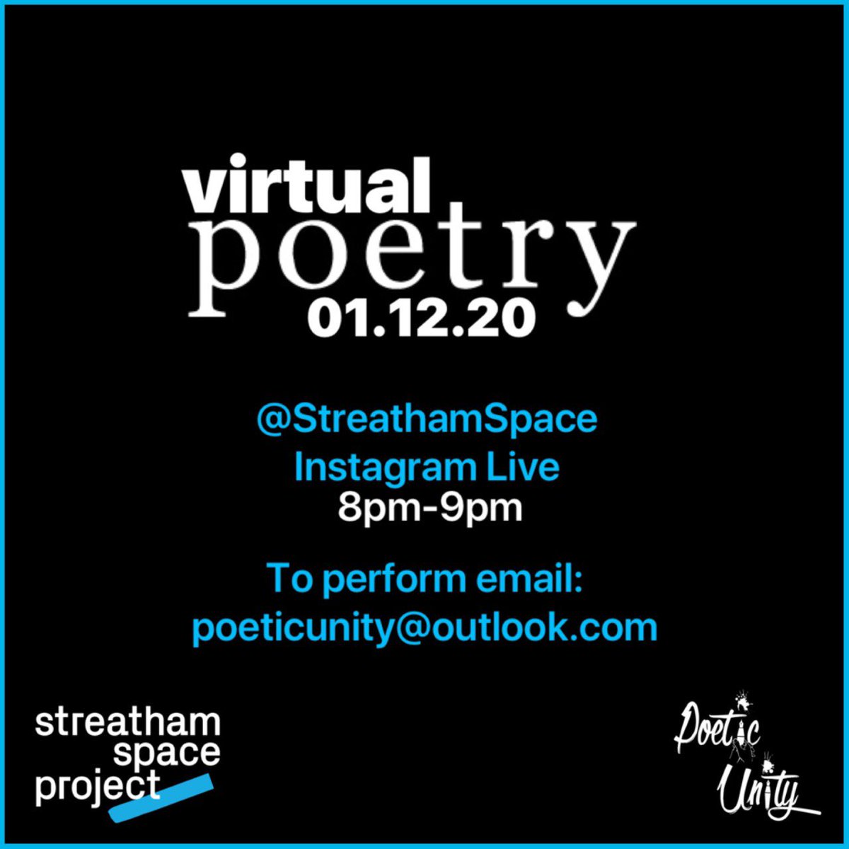 streathamspace's tweet photo. @Poetic_Unity ARE BACK π live on our Insta Tues 1st Dec βοΈ
An intimate night of virtual poetry to enjoy wherever you are π
Fancy sharing or know someone that might? poeticunity@outlook.com π§
Part of our South London Streams π tag us from your seat at home #SLStreams https://t.co/TSJktfYVIN