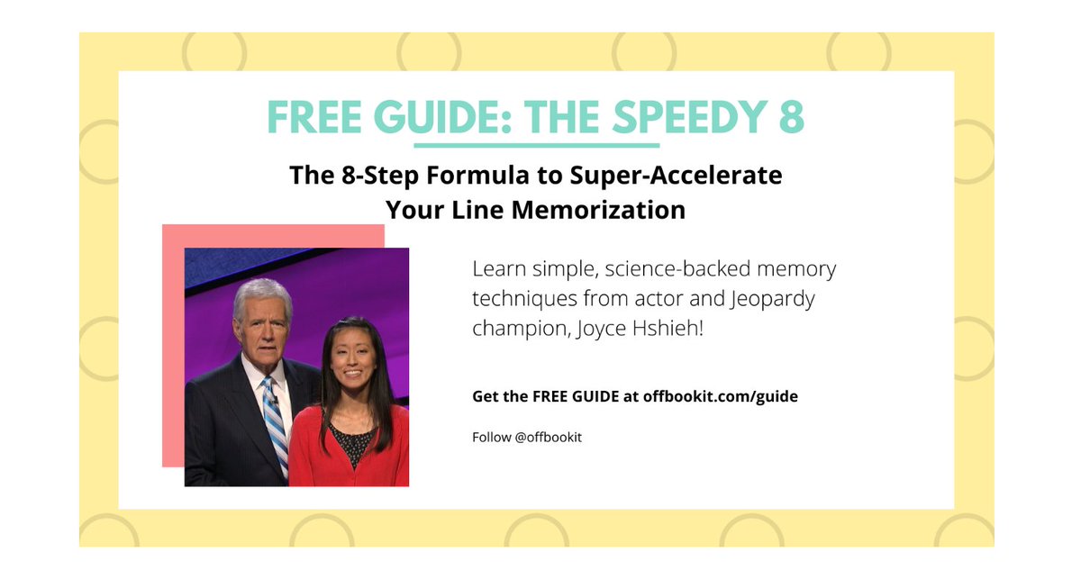 actorinspirit's tweet image. Do you struggle with memorizing lines? Check out this FREE GUIDE, The Speedy 8: The 8-Step Formula to Super-Accelerate Your Line Memorization, created by my friend Joyce Hshieh , a trained actress and 3-day Jeopardy champion!

Go to offbookit.com/guide @OffBookIt 
#actorslife