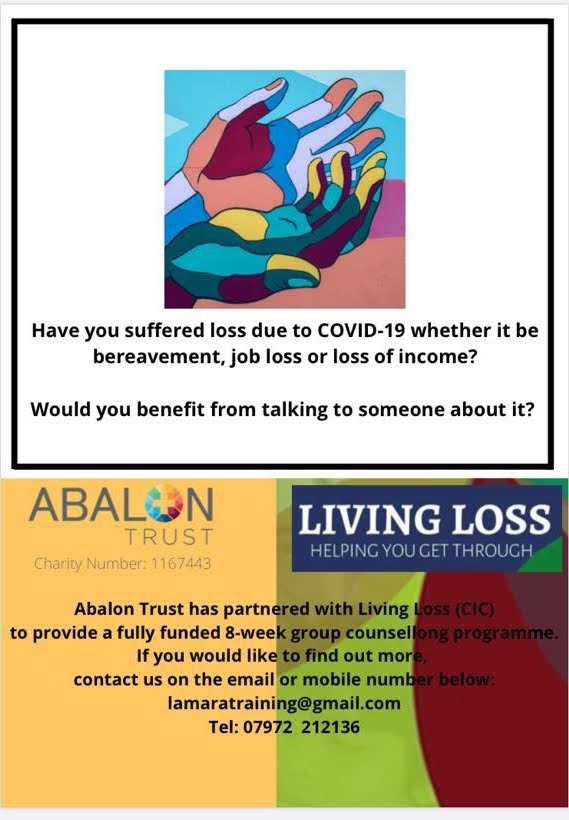 marciadixonpr's tweet photo. If you have experienced bereavement or loss due to COVID-19 you may want counselling support
Abalon Trust &amp; Living Loss will run a free 8 week group counselling programme
To apply email lamaratraining@gmail.com or
call 07972 212136 for info
#COVID19 #counselling #support https://t.co/LJpV2yIKOa