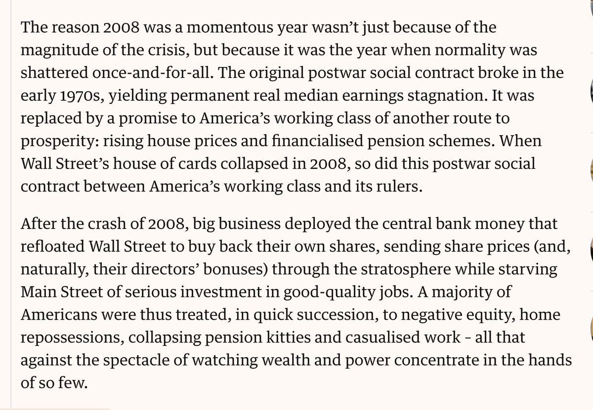 Of 20 similar think pieces across Twitter right now, Yanis Varoufakis' post does a good job summing up recent history. https://www.theguardian.com/commentisfree/2020/nov/08/hoping-for-a-return-to-normal-after-trump-thats-the-last-thing-we-need Apart from the legacy of race and a well-tended culture war, there's logic in that if you loot people, they bite back.