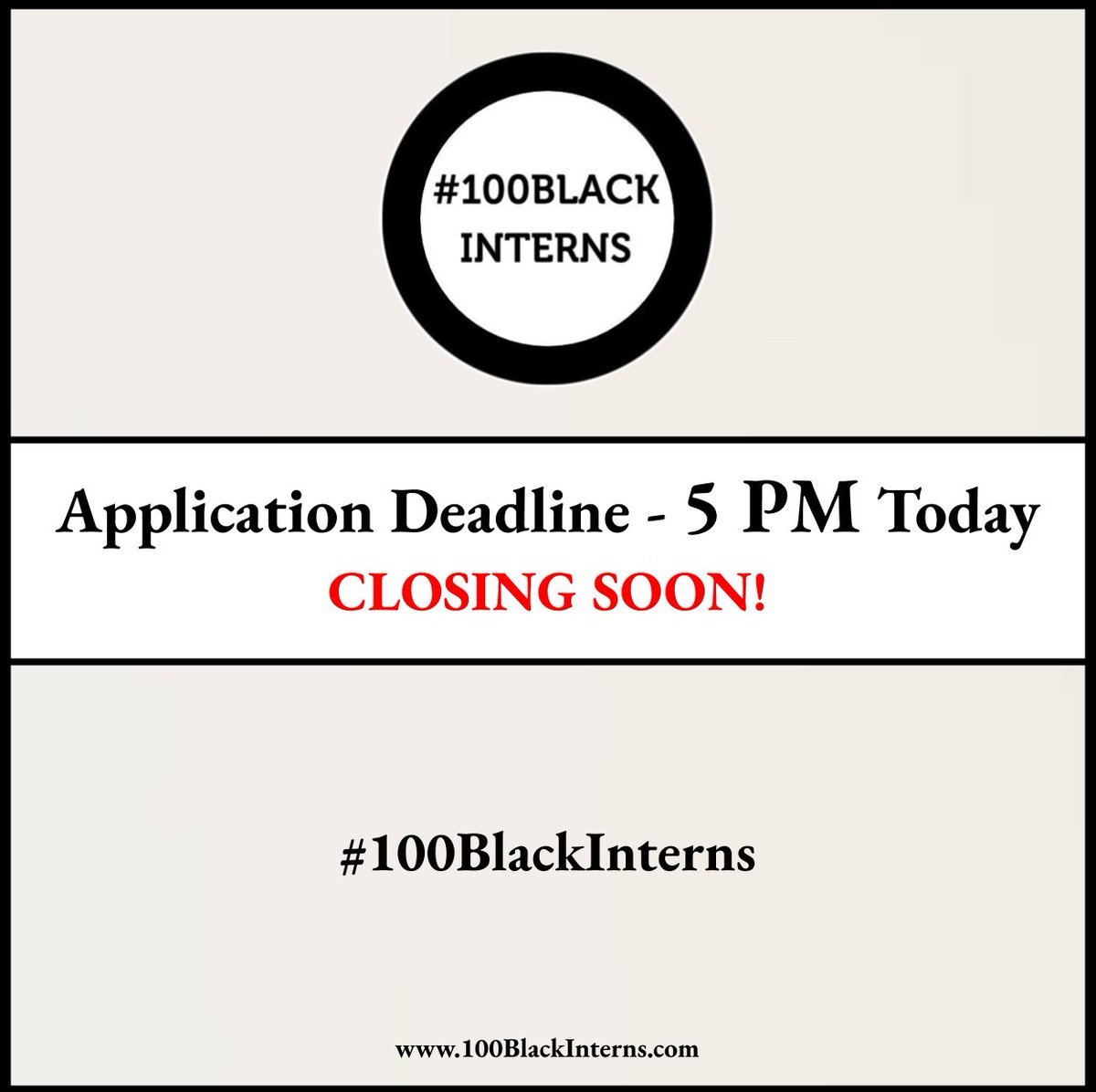 Applications closing in 1 hr!

The application deadline for the initiative is today at 5 pm GMT.

All you need is your CV and a cover letter to apply; click here to submit your application - ow.ly/7Ycm50CjSxl

#100BlackInterns #Internships #Diversity