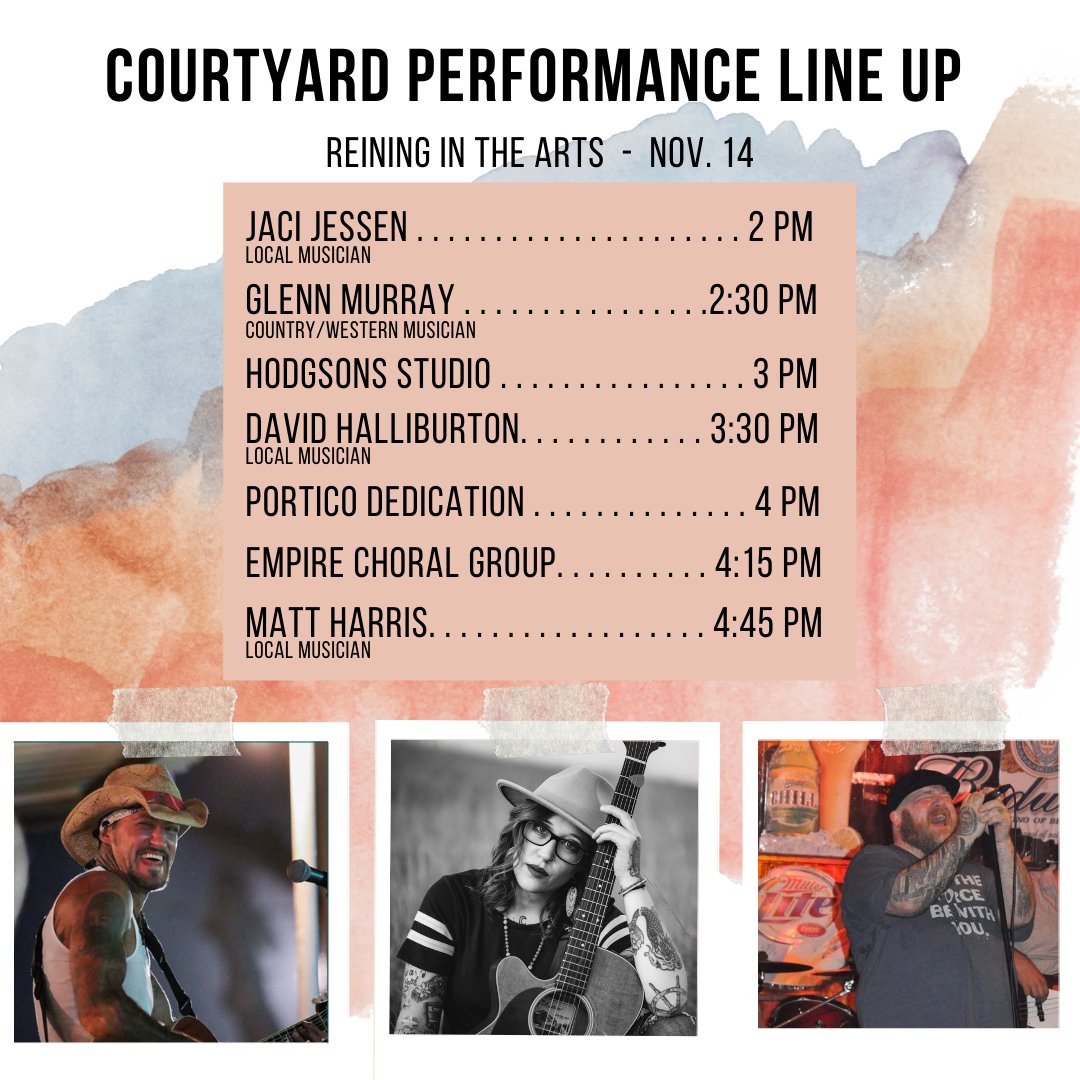 cthc_duncan's tweet photo. Here's the line up for our Reining in the Arts event tomorrow, Nov. 14! 

There are three areas of performance, The Courtyard, The Stagecoach and The Monument. Artist will perform simultaneously in these three areas. Come support these local artist and celebrate the arts with us! https://t.co/SU7pJCAHqn