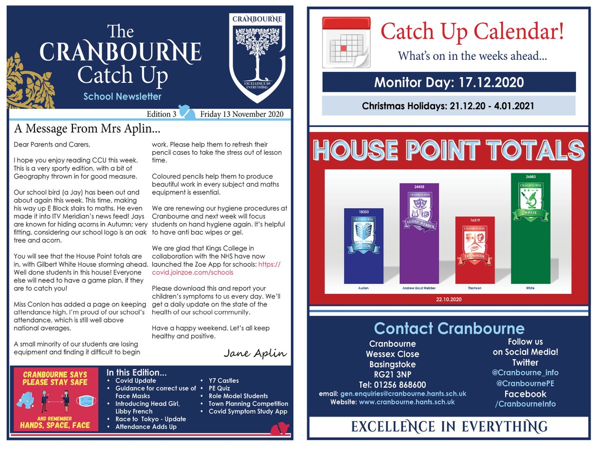 The latest edition of the Cranbourne Catch Up is now available on our website, including Mrs Aplin's Weekly Update.
We hope you enjoy reading CCU this week. This is a very sporty edition, with a bit of Geography thrown in for good measure. 
cranbourne.hants.sch.uk/news/school-ne…