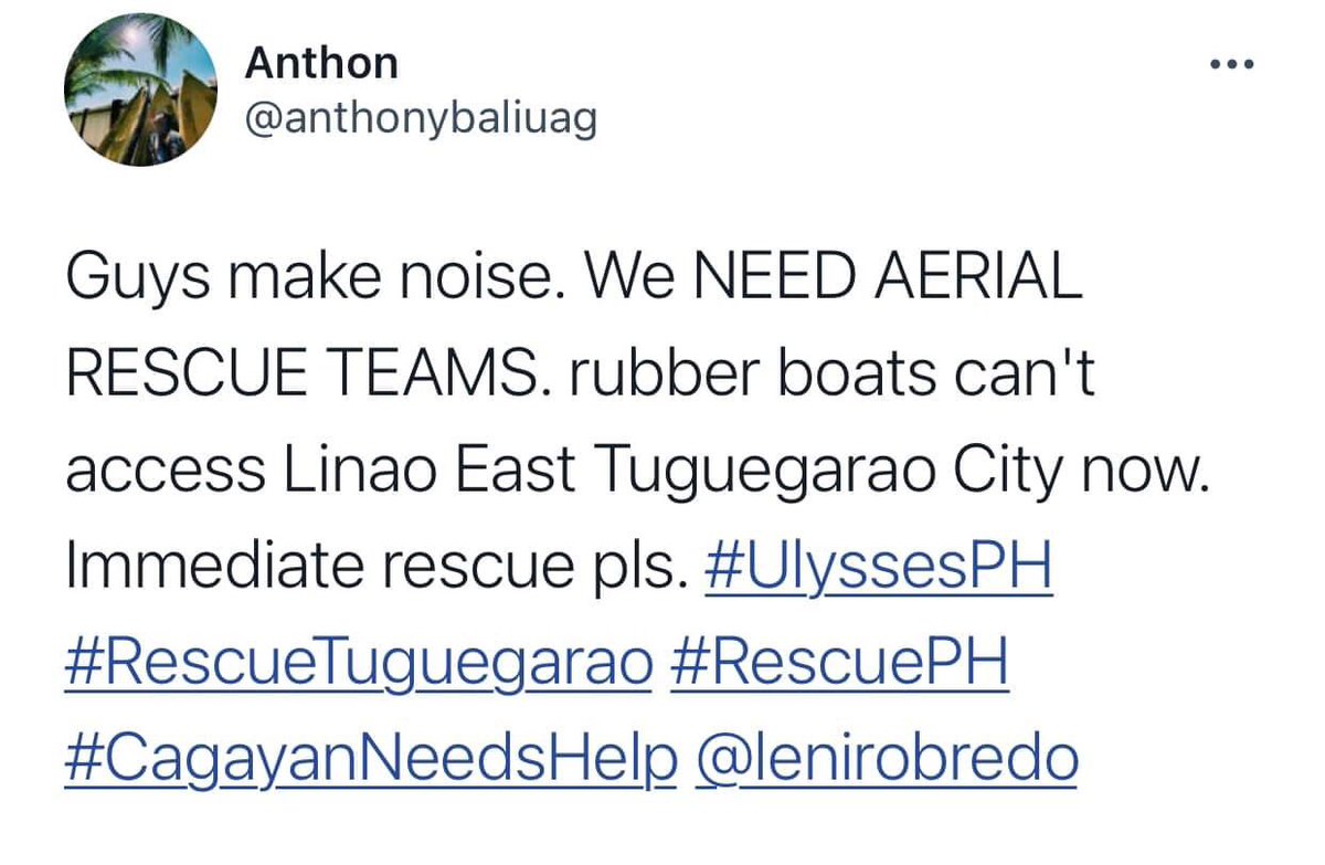 T A T T I 👷♂️ (@thesilenth_) on Twitter photo Guys make noise. WE NEED AERIAL RESCUE TEAMS. rubber boars can’t access Linao East Tuguegarao Coty now. Immediate rescue pls. <a href="/lenirobredo/">Leni Robredo</a> <a href="/143redangel/">Angel Locsin</a> #CagayanValleyRegionNeedsHelp #CagayanNeedsHelp #IsabelaNeedsHelp Guys make noise. WE NEED AERIAL RESCUE TEAMS. rubber boars can’t access Linao East Tuguegarao Coty now. Immediate rescue pls. <a href="/lenirobredo/">Leni Robredo</a> <a href="/143redangel/">Angel Locsin</a> #CagayanValleyRegionNeedsHelp #CagayanNeedsHelp #IsabelaNeedsHelp