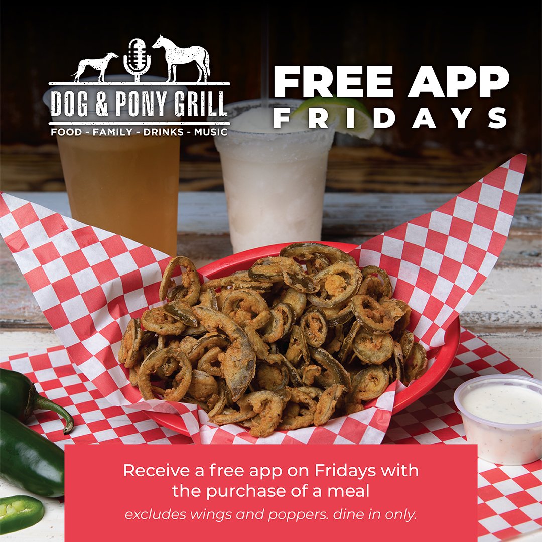 dogandponygrill's tweet photo. 🚨 🚨#FreeAppFridays 🚨 🚨 When you order a meal on a Fridays, you'll be able to get an #appetizer #free! This deal is limited to one appetizer per group and for dine-in customers only. #SupportLocal #BoerneStrong https://t.co/WS8UtyiLEo
