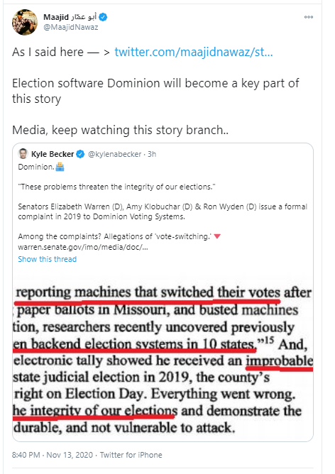 It looks like the 'Dominion' computer counting conspiracy is going to be President Trump's focus for his allegation that the election was stolen from him