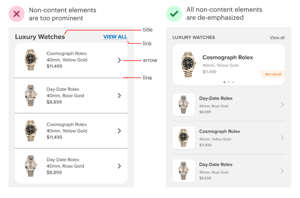 uxmovement's tweet photo. 4 UI design techniques for a strong content hierarchy on your list layout:

- De-emphasis
- Pattern Breaking
- Scaling
- Badging https://t.co/hKgwLl4ech