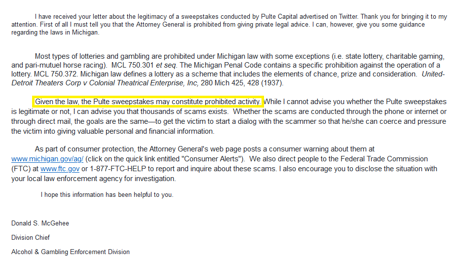 Sherlockhome69's tweet photo. #PulteScam fans, this is pretty cool, I had used an obscure email account to complain to the Michigan AG, and this is what they had to say, several months later. Plute, your days are numbered. @PayLab1224 @mrshhjones @MichelleManche9 @iheartmindy https://t.co/Cp4tH4ZgBS