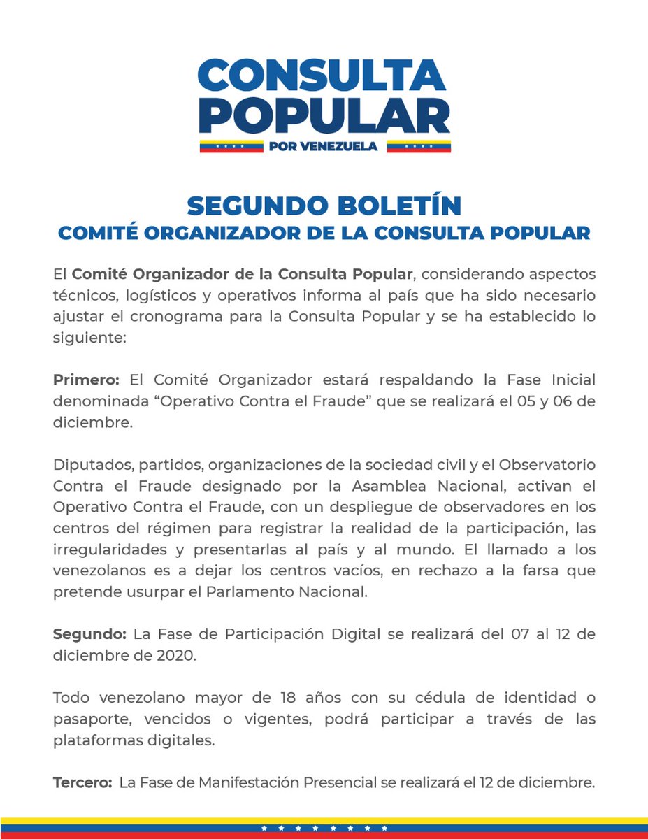 ConsultaPorVzla's tweet photo. #ATENCIÓN | El Comité Organizador de la Consulta Popular anuncia al país ajuste del cronograma considerando aspectos técnicos, logísticos y operativos: 🔽 https://t.co/JtLjjaDmfJ