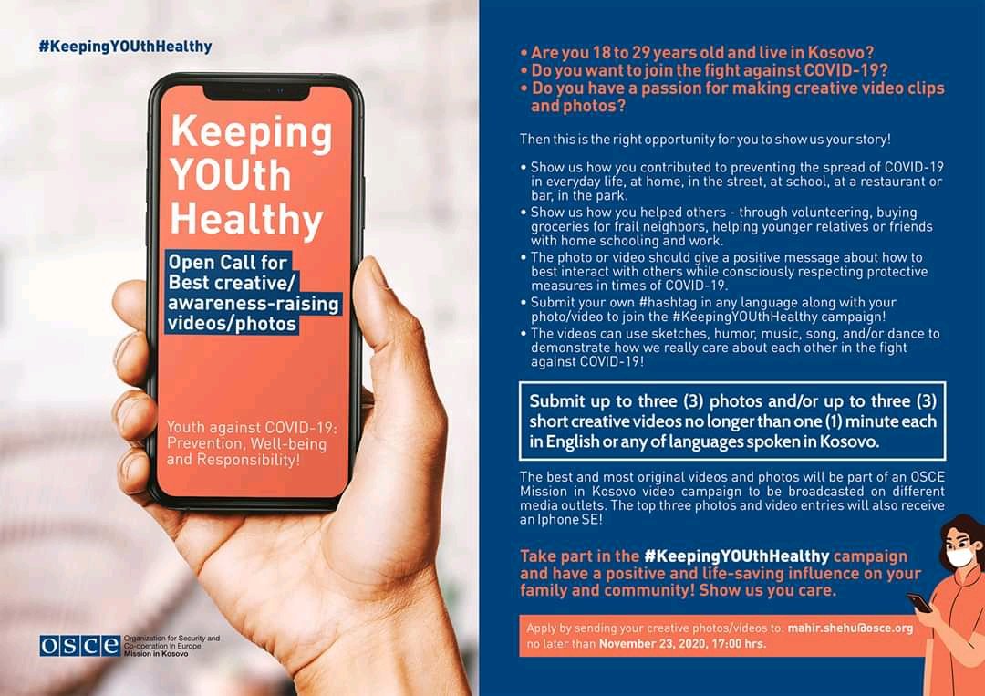 OSCEKosovo's tweet photo. Covid19 continues to threaten public health, but we are doing our best to protect ourselves &amp; our beloved ones.
Let’s show our creativity in raising awareness by taking photos &amp; short videos for our competition.
Best 3 entries will win an iPhone.
Details➡️ https://t.co/okFGkbhnHK https://t.co/QTp6BDxolW