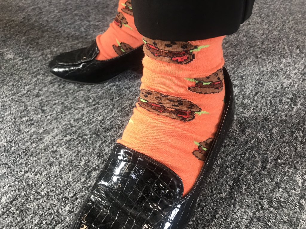 OutwoodNormanby's tweet photo. Particularly brutal assessment of her own #SockFriday contribution by our wonderful Receptionist Mrs Bradford. She said she felt like Nora Batty. We couldn’t possibly comment. #ChildrenInNeed https://t.co/VuGIEVnwHX