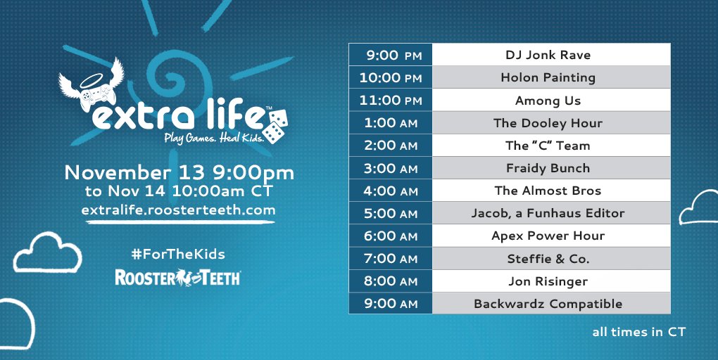 RoosterTeeth's tweet photo. We’re pulling an all-nighter with 13 hours of streaming leading up to tomorrow’s big #RTExtraLife stream! Will we see you there? https://t.co/BFQvg2LvQh