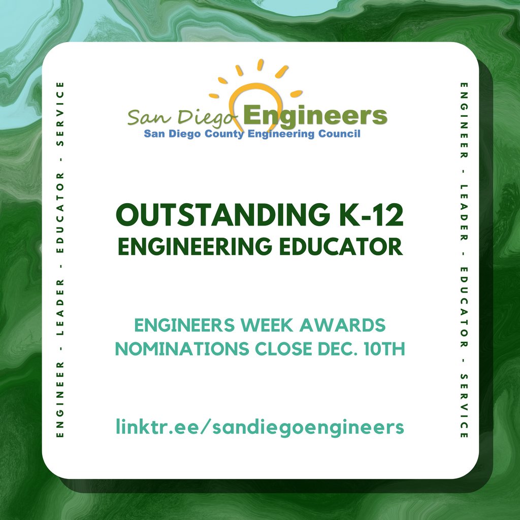 SDEngineers's tweet photo. Do you know a teacher in San Diego who makes significant contributions in K-12 education relevant to engineering? Nominate them today! See details in https://t.co/zDtn0caQB1
#SDCEC #SanDiegoEngineers  #Awards #Nominations #EngineersWeek #educator #back2school https://t.co/EQOJfqVE9U