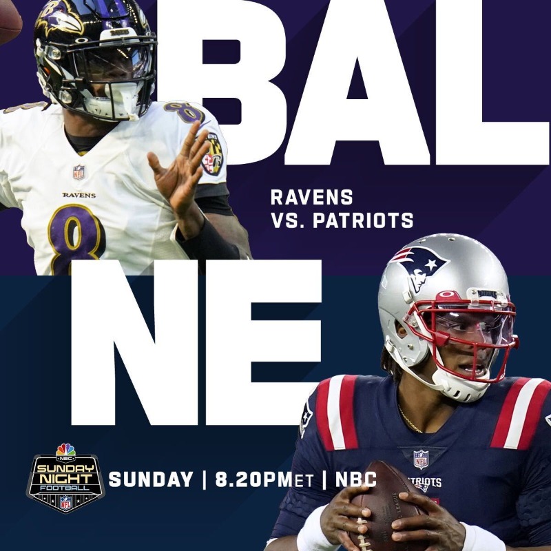 NFL's tweet photo. @Ravens vs. @Patriots on SUNDAY NIGHT FOOTBALL! 🙌
