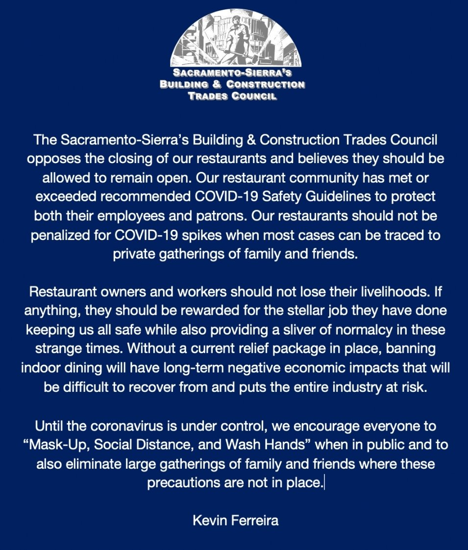 SSBCTC_NABTU's tweet photo. Sacramento Building Trades statement supporting Restaurants: https://t.co/pAVAaSlsSz