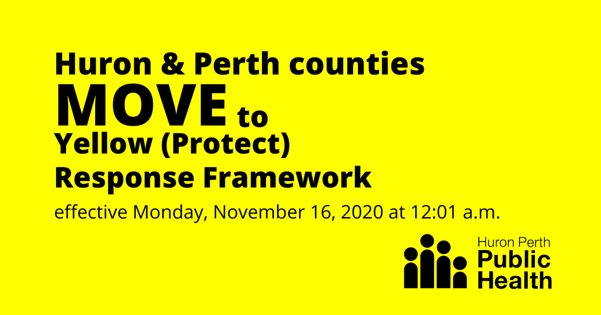 HPPublicHealth's tweet photo. Huron &amp; Perth counties are being moved into the Yellow (Protect) Level effective Nov. 16 at 12:01am. Reducing spread of #COVID19 is a collective responsibility. Please follow strengthened public health measures: https://t.co/tTo6w9e5AK https://t.co/mexOjxJlNB