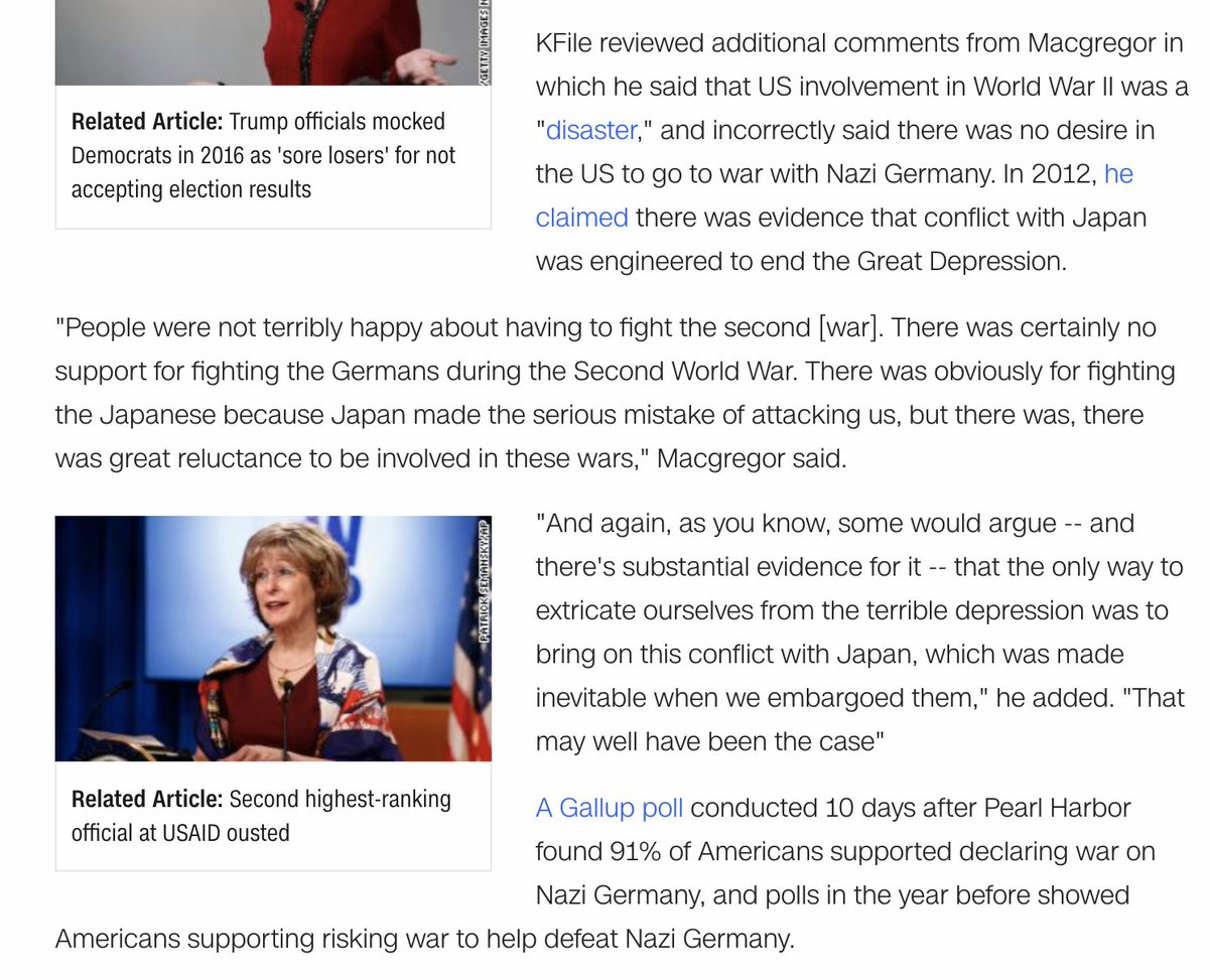 Here's what Macgregor, now senior Pentagon advisor, said about the United States' involvement in World War Two. He said there was no desire for war with Germany and called it a "disaster."  https://www.cnn.com/2020/11/13/politics/kfile-douglas-macgregor-israel-lobby/index.html