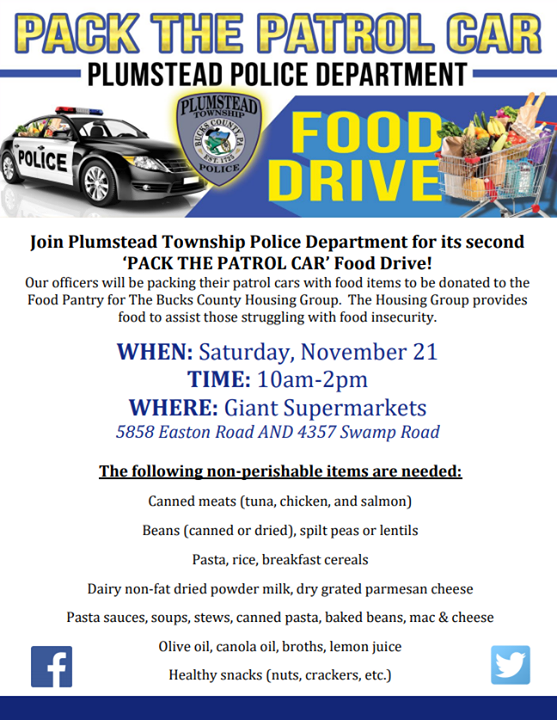 Plumstead Township Police are getting ready to host their third Pack the Patrol Car event! Help our officers pack multiple polic... dlvr.it/Rldf7F