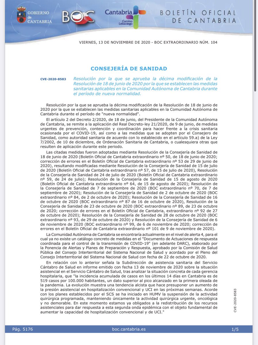 cantabriaes's tweet photo. 📢❗️Publicada la nueva normativa frente a la #COVID19❗️ 

👉🏻 #Cantabria adelanta el toque de queda a las 22H y el cierre de los establecimientos no esenciales a las 21:30 a partir del sábado. Más ℹ️ en #BOC extraordinario ➡️ https://t.co/uepiFKAJeG https://t.co/zFTX840fwE