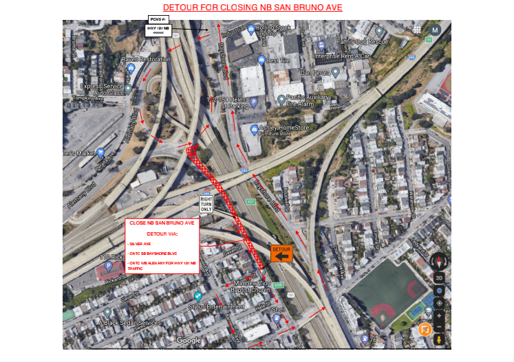 CaltransD4's tweet photo. #101AlemanyProject Overnight lane and street closures starting 11/16-11/26. Note: San Bruno Ave is scheduled for noise, detours, and 'No Parking' enforcement between Alemany Blvd and Gaven Street. Detours attached and Traffic Advisory here https://t.co/pF9p5X7sAn https://t.co/zq3v7293Td