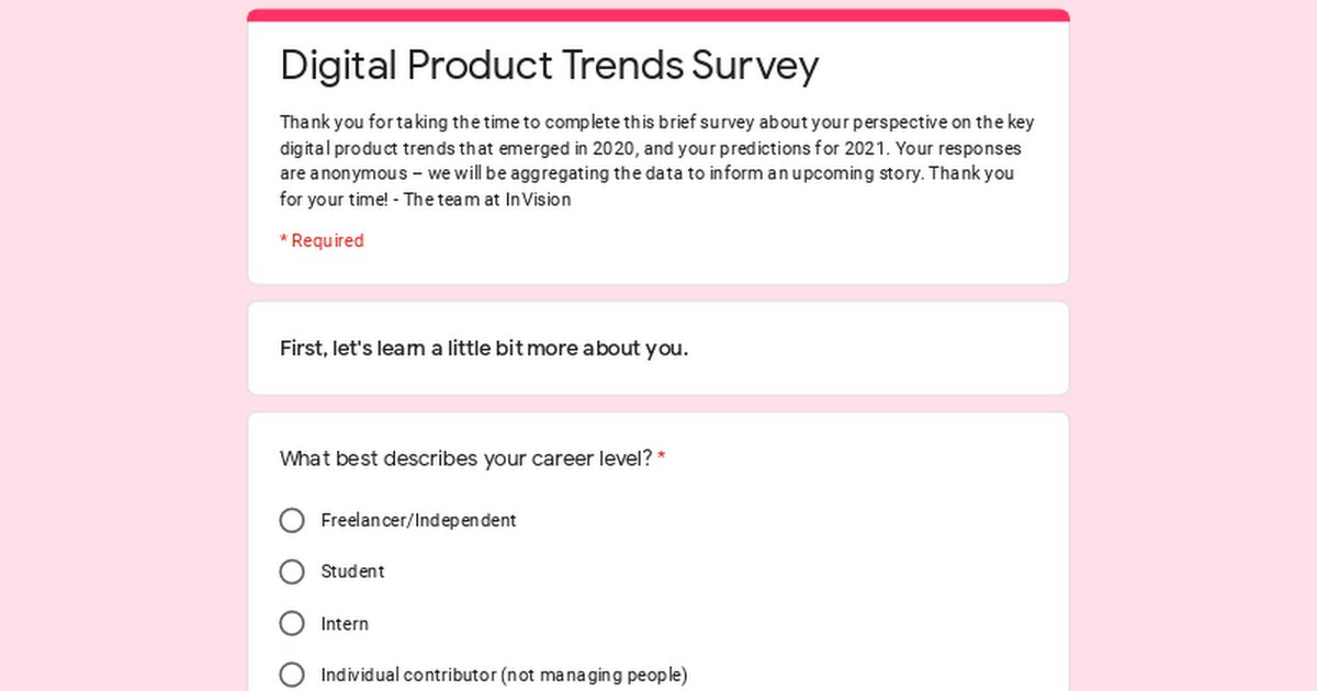 Our friends at <a href="/InVisionApp/">Freehand by InVision</a> are assembling their trends report for 2021. They're looking for as many perspectives as possible so the survey is open to all. Please drop your selections and comments in here ⬇️ 

bit.ly/2U6QoGl