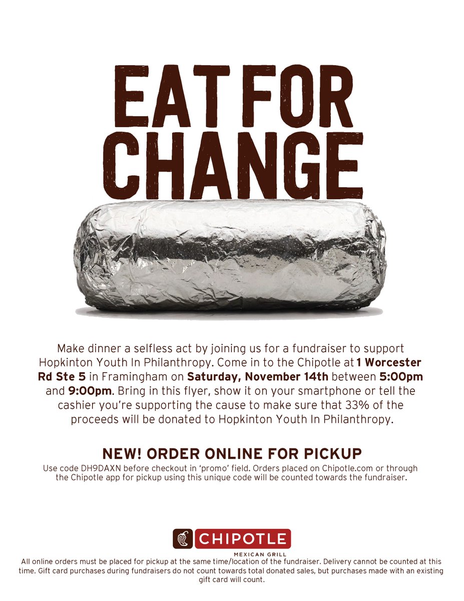 yipmetrowest's tweet photo. Looking for weekend plans? Consider supporting the YIP Hopkinton cohort at their Chipotle fundraiser, tomorrow, between 5 pm and 9 pm.  Show this flyer on your phone or tell the  cashier you're supporting the cause to make sure 33% of the proceeds go to Hopkinton YIP! https://t.co/VtT4BghrLC