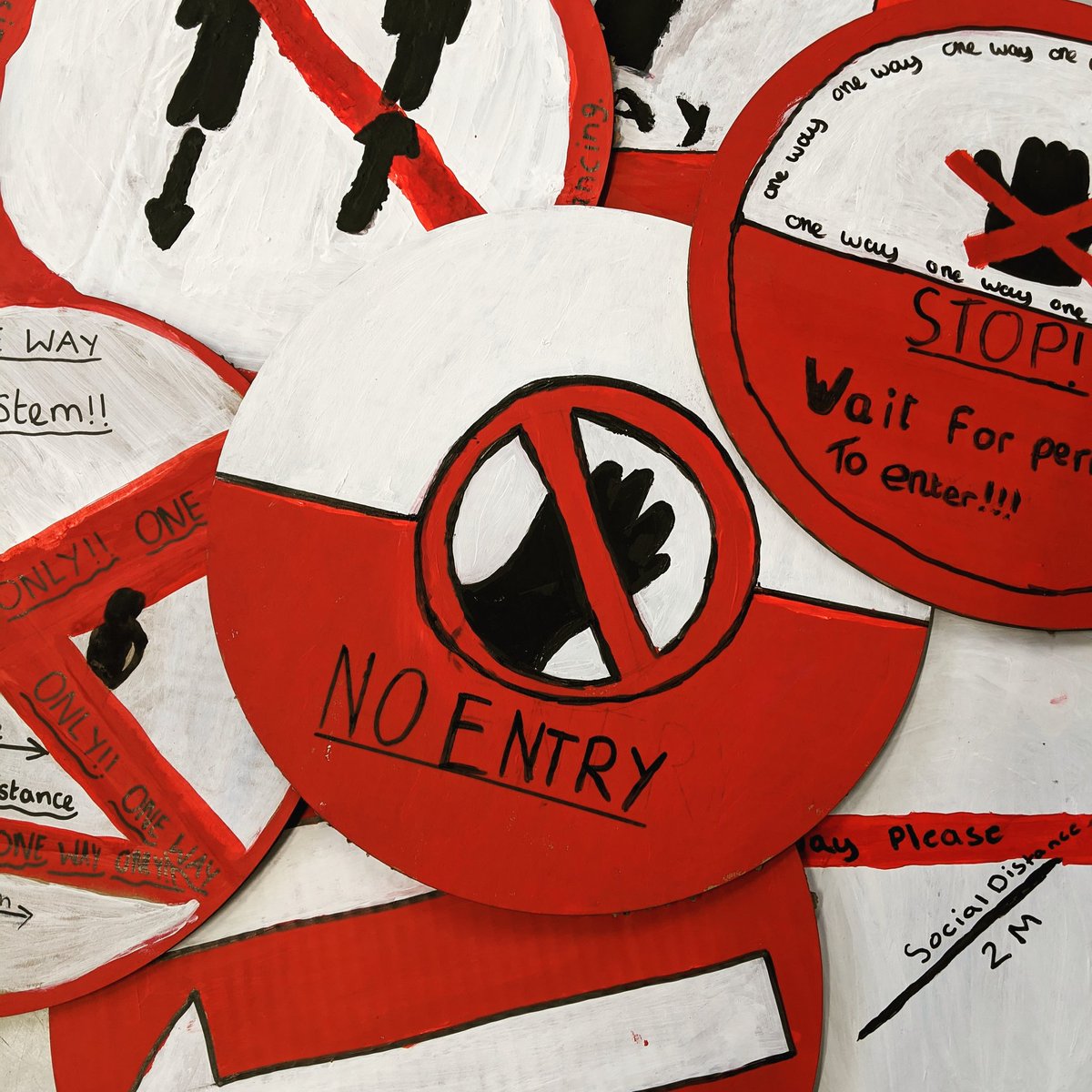 UHHSarts's tweet photo. Year 7 have been exploring the design work of Margaret Calvert and her road signs in Design History. Using Calvert's Signing System, students have designed their own signs to enforce a one way system within corridors. Very bold and effective! ⛔🚫➡️#margaretcalvert #dt #ks3 #UHHS https://t.co/roULxujf2G