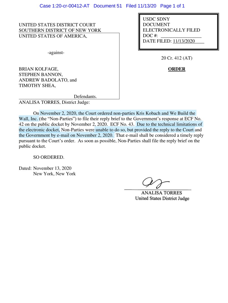 I knew I wasn’t losing my marbles, seriously what kind of technical difficulties did Kobach encounter that precluded him from filing on the public docket. Insert eye roll but whatever he sent an email to the Court https://ecf.nysd.uscourts.gov/doc1/127127972119 https://twitter.com/File411/status/1323413742244298752?s=20