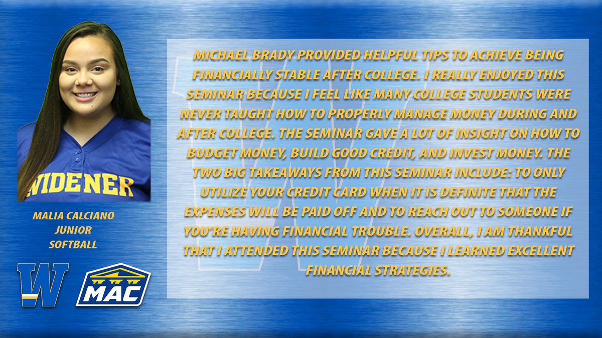 WidenerSports's tweet photo. Widener student-athletes attended @gomacsports #MACunited series on Financial Skills to Master. Kevin Martin of @WidenerVB, Malia Calciano of @WidenerSoftball, and Liz Gilsenan of @WidenerSwimming share their takeaways from the event. #GoWidener #PlayWithPride https://t.co/NJqtwU5V4y
