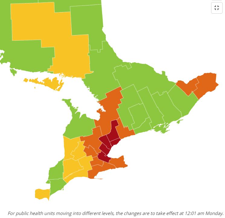MikeCrawleyCBC's tweet photo. 14 of Ontario's 34 public health units will move into a stricter level of #COVID19 prevention measures, effective 12:01am Monday. Here's what the map will look like  https://t.co/gwb5oHRxnq #COVID19Ontario https://t.co/rxiZRGzs7L