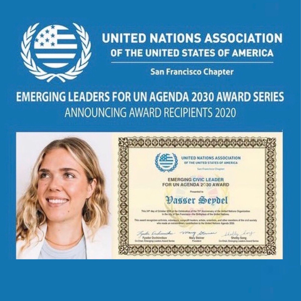 Honored to receive the Emerging Civic Leader for UN Agenda 2030 Award! Big thank you to <a href="/UNASanFrancisco/">UNA San Francisco</a>, <a href="/TheOxygenProj/">The Oxygen Project</a> team &amp; everyone working to #DefendTheDeep. This is for y’all 🙏 una-sf.org/emerging-leade…