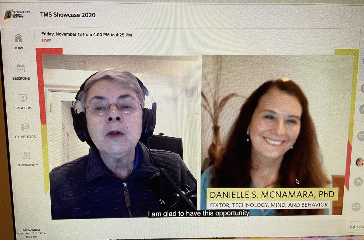 Hoosierdiana's tweet photo. Hearing about the @APA’s new Technology Mind and Behavior (TMB) open-access journal #APATech20 with Editor Dr. Danielle McNamara. @APAScience https://t.co/O6NYObtRCW