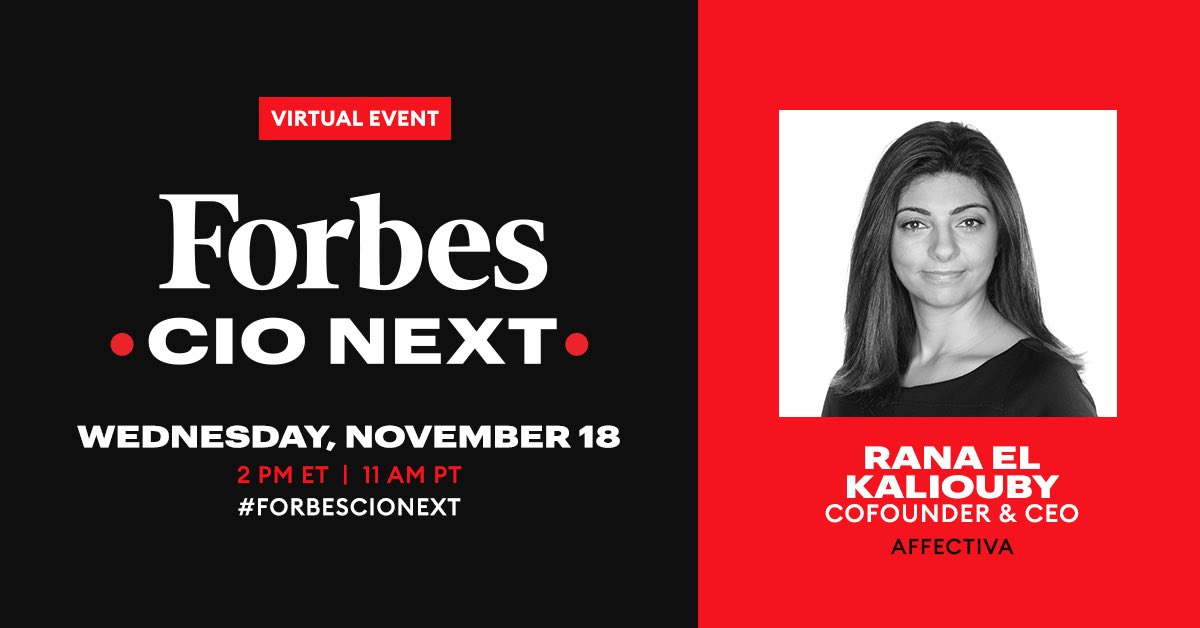 kaliouby's tweet photo. Join me at the 2020 @Forbes CIO Next Virtual Series on 11/18 w/ my peers as we discuss #data, listening to our #customers & #collaborating across teams to re-think & re-shape strategies for 2021 & beyond. Register👇
https://t.co/KEmtVwhqlK
#ForbesCIONext #CIO #TechProfs #Tech https://t.co/qDkXndqvMB