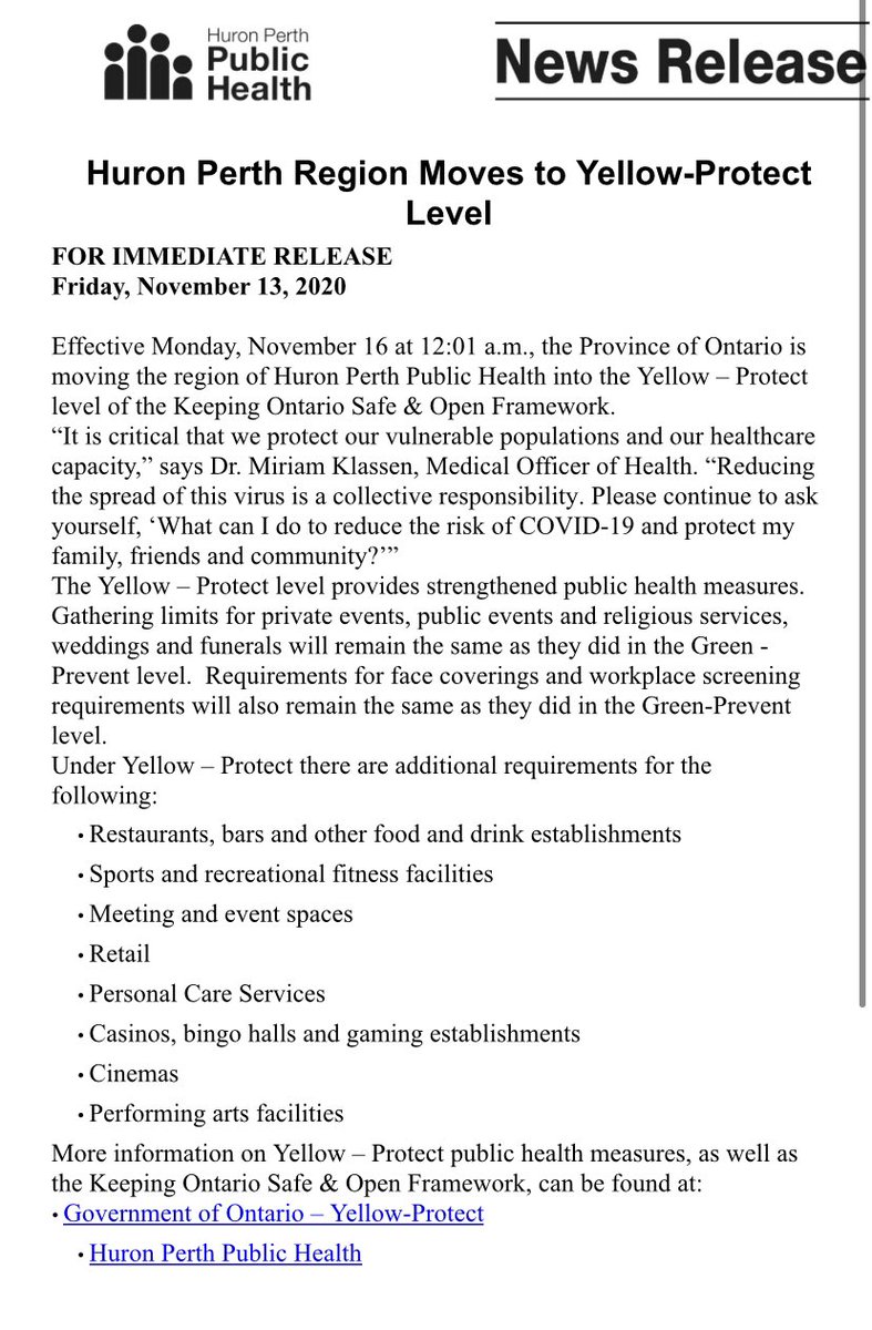 GoderichSStar's tweet photo. Breaking: Effective Monday, Nov. 16 Huron and Perth counties will enter into the Yellow-Protect level. Details below. #huroncounty #goderich #ontariohealth #COVID19 #hpph https://t.co/pigL0AbAPT