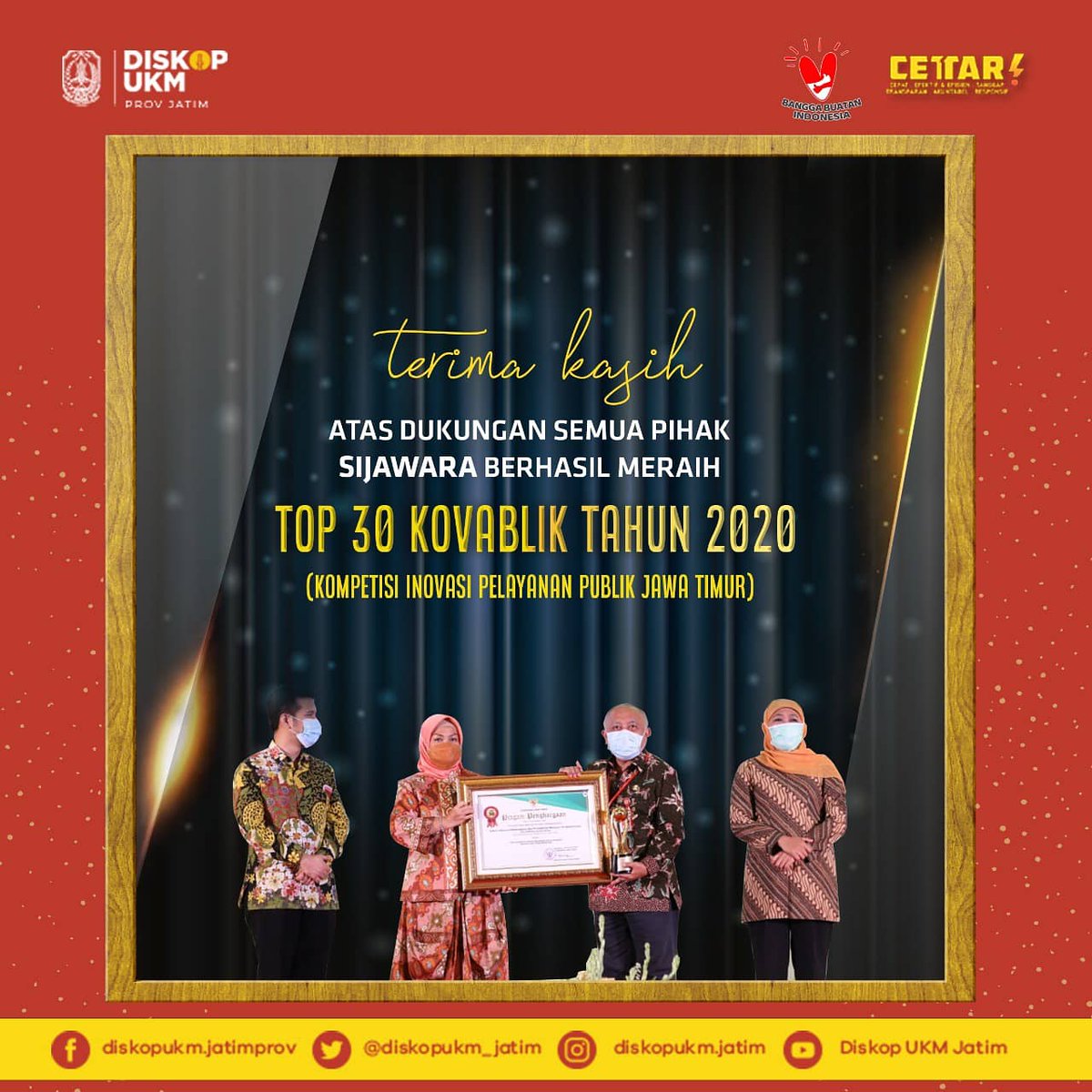 diskopukm_jatim's tweet photo. Hai #sobatukm, kami berterima kasih atas segala dukungan, kerja keras dan jerih payahnya seluruh pihak terkait sehingga DISKOP UKM Jatim bisa memperoleh penghargaan 2 dari Ibu Gubernur @KhofifahIP . #ayobeladanbeliprodukkumkmjatim https://t.co/2ALj51IUWy