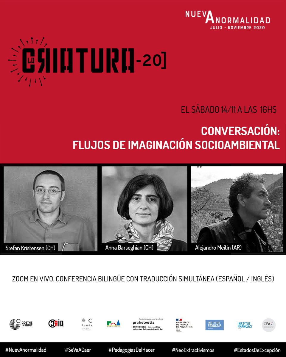 CivilCria's tweet photo. ¡Mañana! Sábado 14/11 - 16 hs.
CRIA junto al programa "Coincidencia" @prohelvetia presenta Flujos de Imaginación Socioambiental. Conversación entre dos proyectos de arte y ecología.
Zoom en vivo con traducción simultánea. 
-LINK DE INSCRIPCIÓ:N https://t.co/YAMaiXTFfj https://t.co/cBXCFs4sMs
