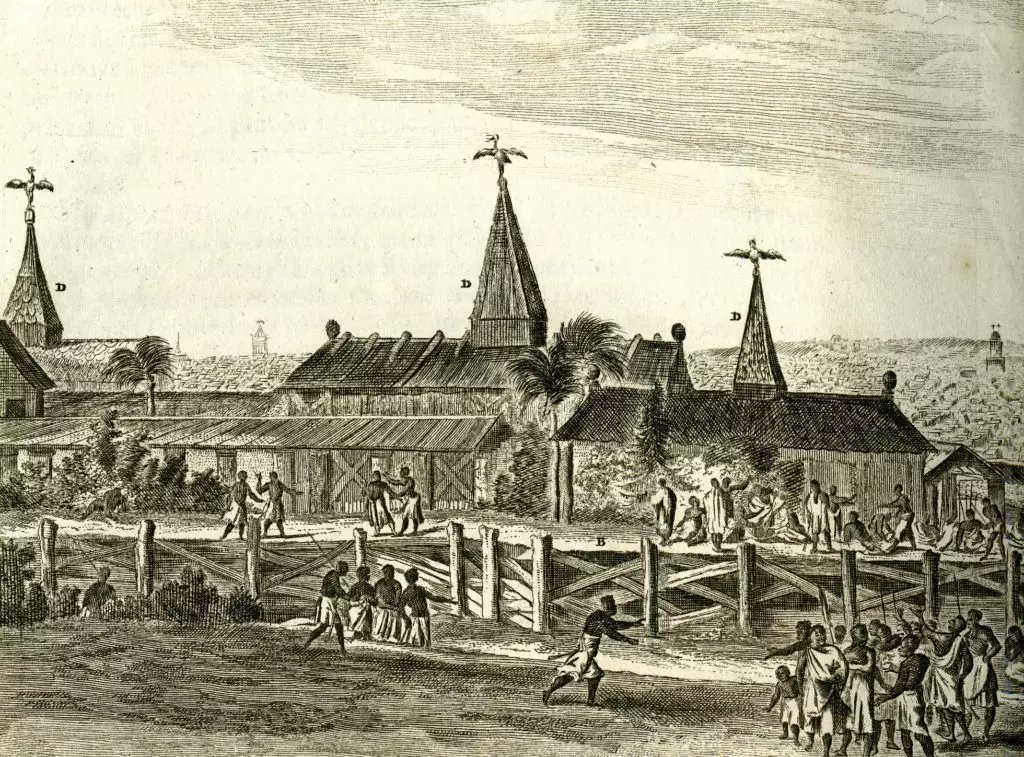 View of the Benin City Palace and beyond to the wider city, depicted in the 17th-century publication by the Dutch writer Olfert Dapper.5/10.