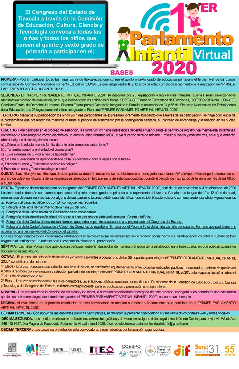 SNTE31Tlaxcala's tweet photo. Ya puedes inscribirte en el primer Parlamento Infantil Virtual 2020, bases en: https://t.co/ZzX2Ykc0RS y no dejes pasar esta oportunidad de expresar tus pensamientos, sentimientos y experiencias en tu entorno familiar durante el confinamiento. #Orgullo31 #LXIIILegislatura https://t.co/oGQz2ZMqn6
