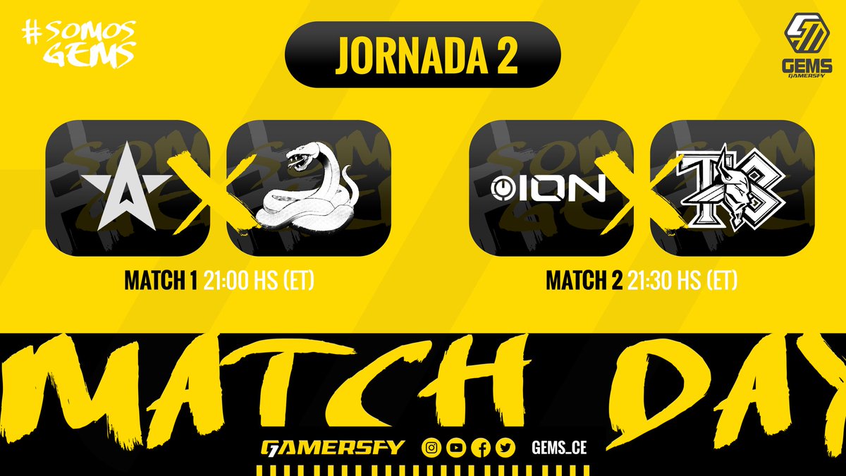 #GGLBS • Matchday

FASE REGULAR
WEEK 2
DIA 2

HOY - 21:00 ET
¡En VIVO!
🇪🇦 <a href="/n_earz/">NeaRz</a>
💻 youtube.com/c/neaRzTV

MATCH #1
🇧🇷 <a href="/DeltaStarsGG/">Delta Stars</a>
🆚
🇨🇱 <a href="/SynicSs/">SynicS Esports</a>

MATCH #2
🇲🇽 <a href="/IonGaming_GG/">Ion Gaming</a>
🆚
🇲🇽 @Team8ightMx

#SomosGEMS <a href="/gamersfy/">Gamersfy</a>