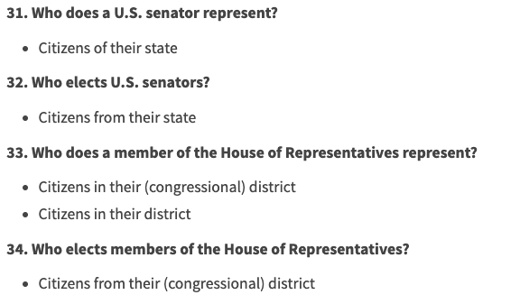 But the new civics test isn't just more difficult for no apparent reason—it also contains straight-up errors.Q: Who does a Senator represent?Old test: "All people of the state" [true]New test: "Citizens of their state" [ideologically extreme & not true!]3/