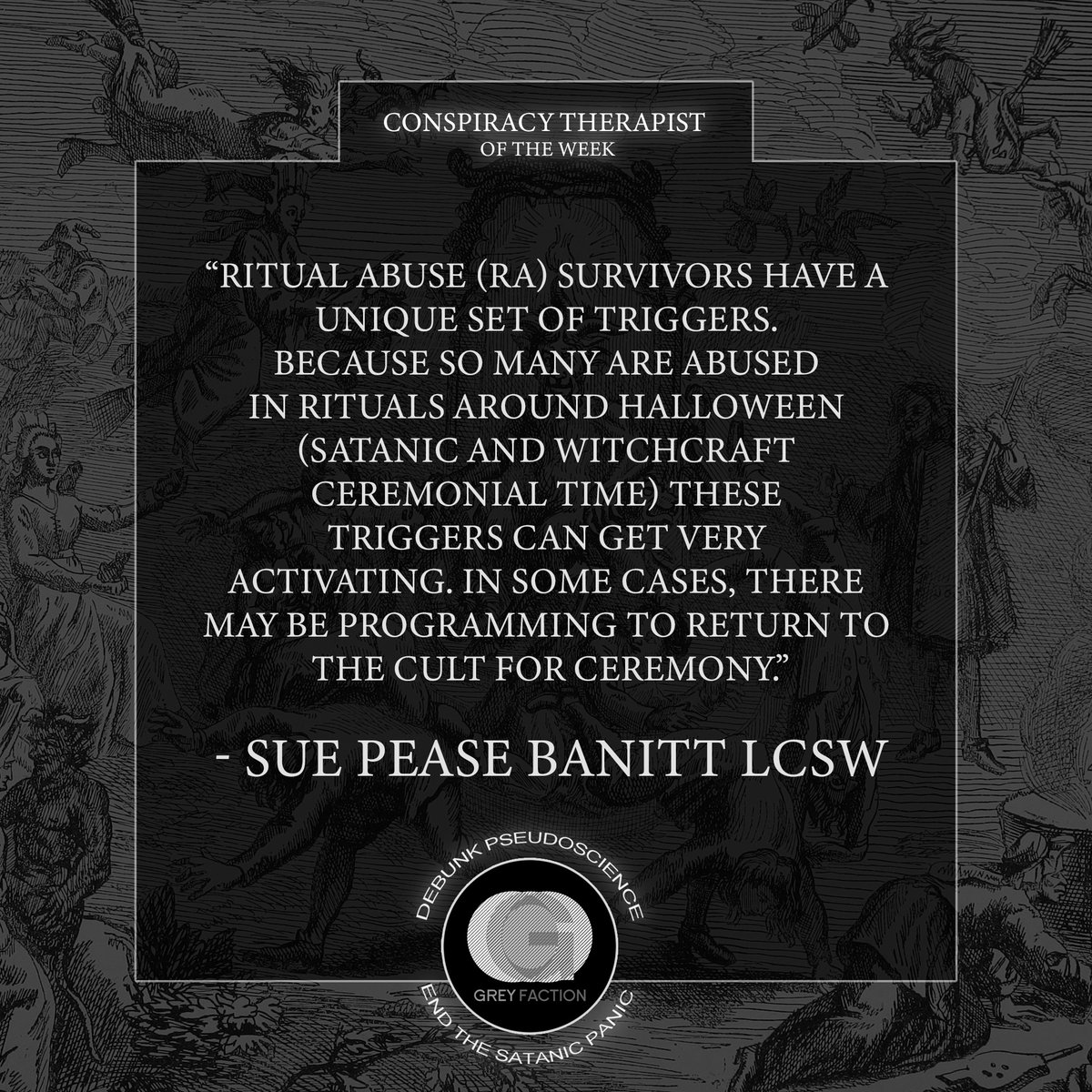 GreyFactionTST's tweet photo. Our Conspiracy Therapist of the Week is Sue Pease Banitt. Once a self-described champion of evidence-based mental health treatment, she taken a dark turn into conspiracy theories and pseudoscience. 

#CTWeekly

1/3 https://t.co/ZVcltFlIgv