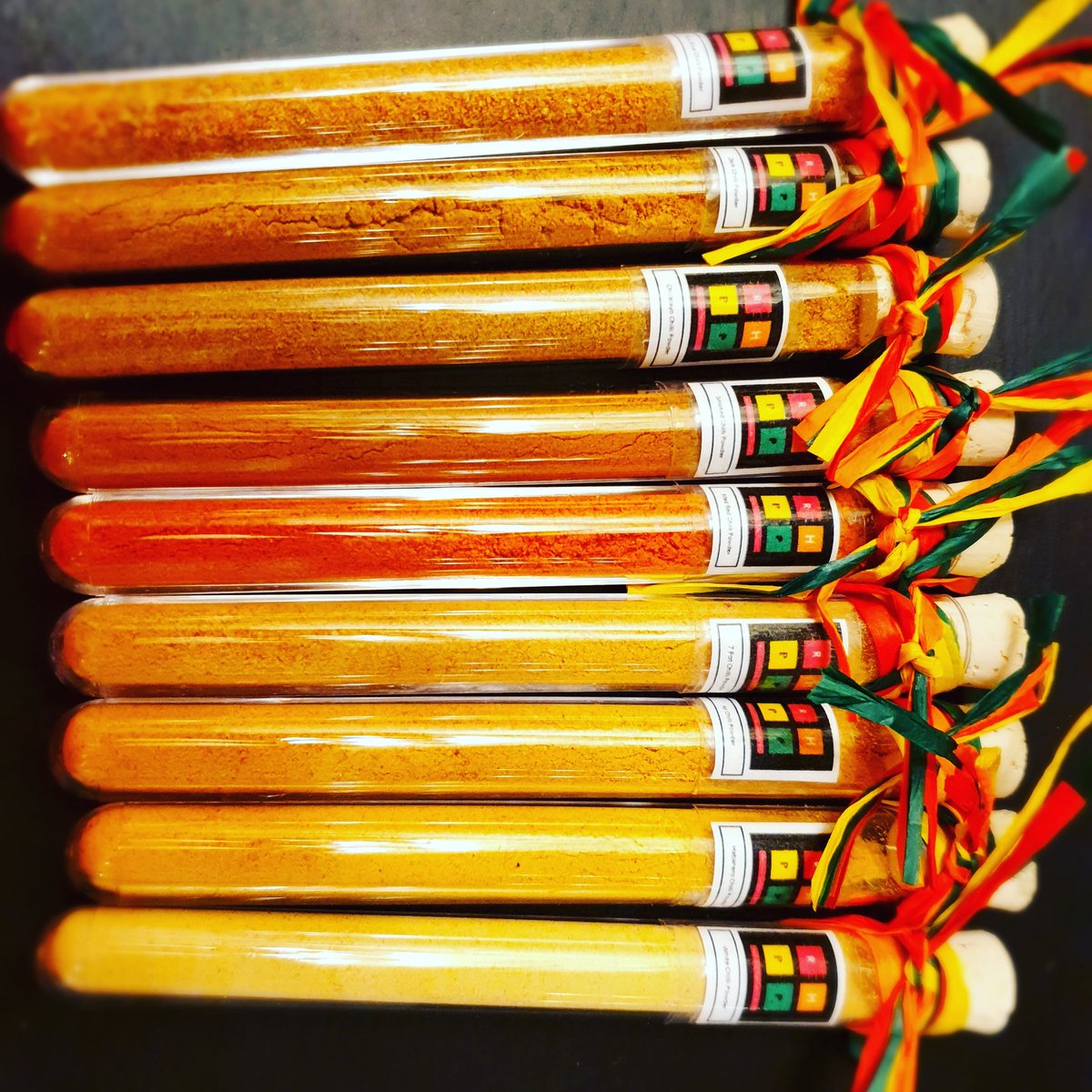 patch_red's tweet photo. 9 different types of chilli powder! So colourful! A few more varieties to come but presentation boxes of these should be available on the website soon....just in time for Christmas. #chillies🌶 #chillies #chilli #christmas #christmasgiftsideas #xmas https://t.co/vHUEv5RsAD