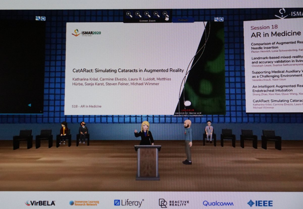 thrauat's tweet photo. Katharina @kkroesl of @VRVis on the virtual stage at #ismar2020 @ismarconf presenting her work on simulating cataracts in #AR. Couldn't videobomb it this time ... https://t.co/3CDX78WL1Z