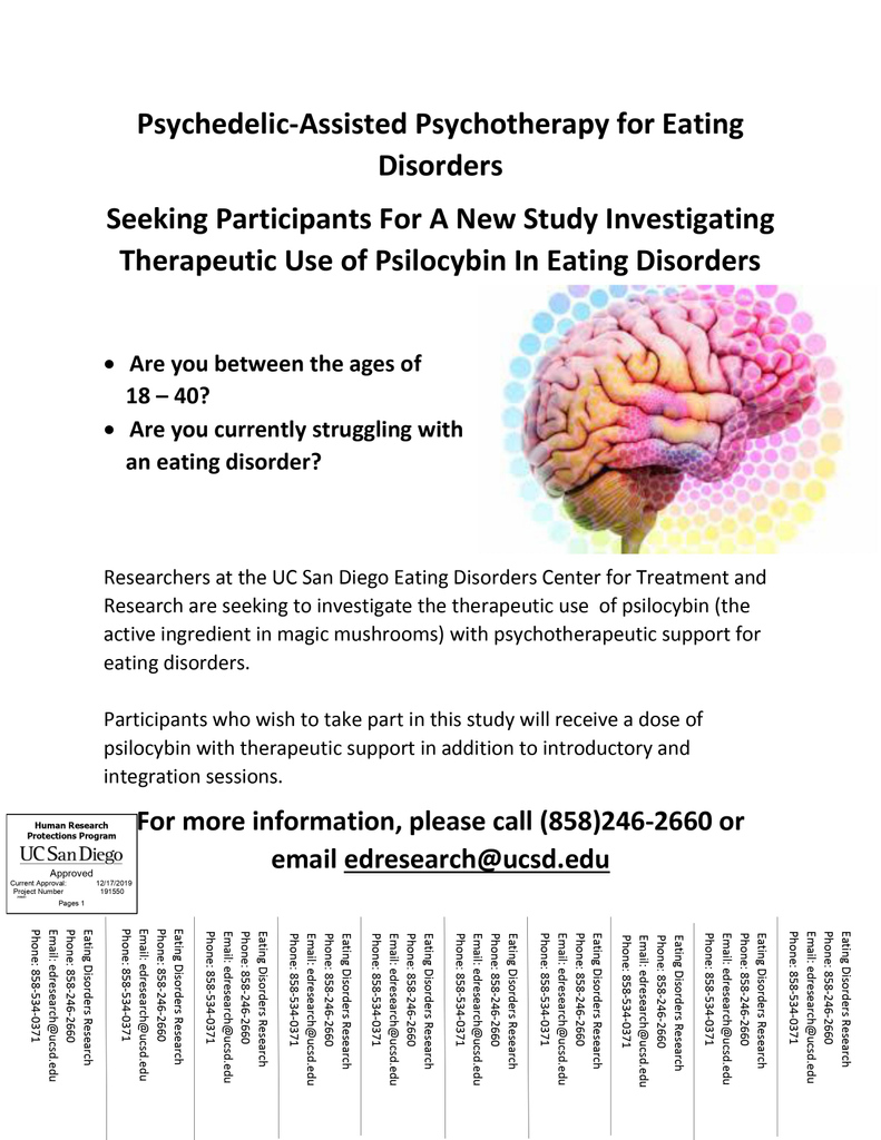 Drs. <a href="/WalterKaye/">Dr. Walter Kaye</a> and <a href="/drknatzpeck/">Dr. Stephanie Knatz</a> are conducting a study evaluating the use of psychedelic-assisted therapy for anorexia nervosa. We are excited to be one of the first sites to be studying psilocybin’s potential for eating disorders alongside <a href="/JHPsychedelics/">Johns Hopkins Psychedelic Research Center</a> and <a href="/Imperial_PRG/">Centre for Psychedelic Research</a>!